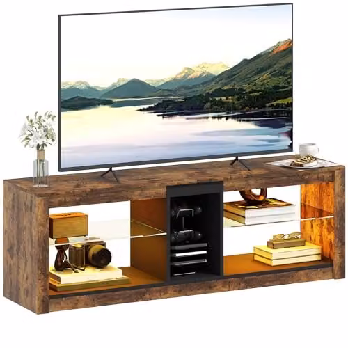 HOMCOM TV Stand Cabinet with LED Lights for TVs up to 65 inches, Rustic Brown, W/D/H: 140 x 35 x 47 cm – 1