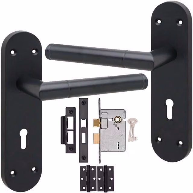 Golden Grace Mitred Lever Lock Door Handle Set with Long Rounded Backplate in Matt Black – 2