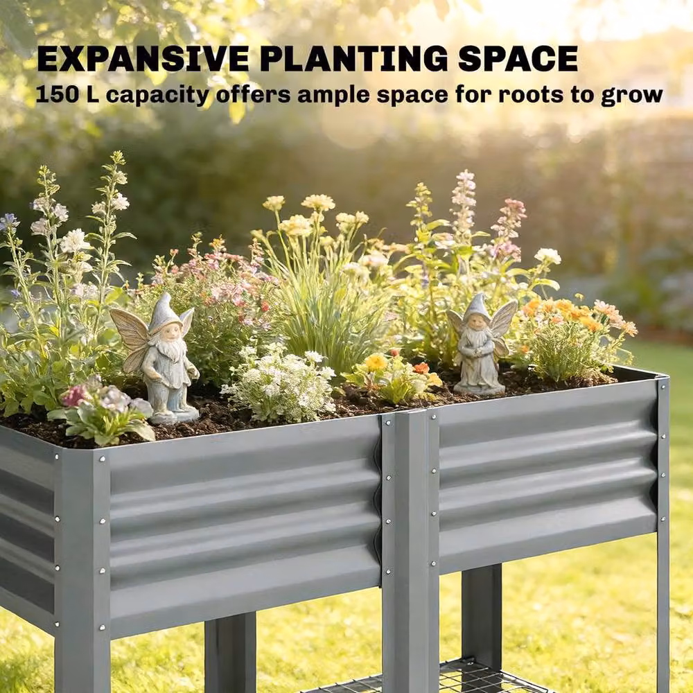 KORVIXA Grey Galvanised Steel Raised Garden Bed with Storage Shelf, W/D/H: 150 x 80 x 55 cm – 3