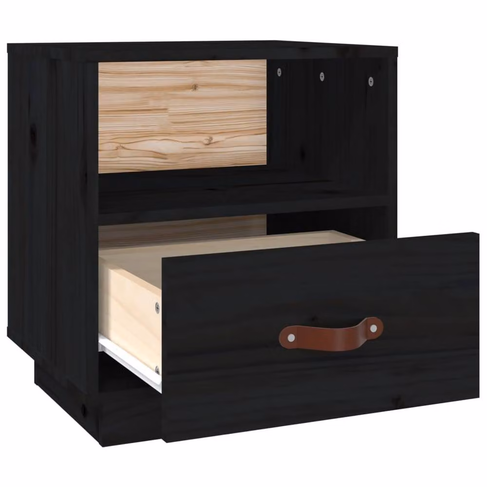 Berkfield Home Beautiful Black Solid Wood Pine Bedside Cabinet W: 40 cm, D: 34 cm, H: 45 cm – 5