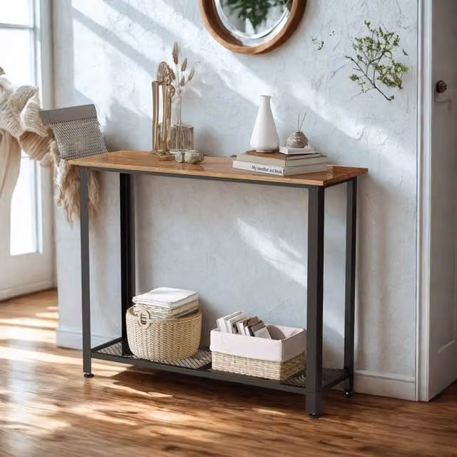 FURNOS Industrial 2 Tier Rectangular Console Table in Brown and Black, W/D/H: 101 x 35 x 80 cm – 1
