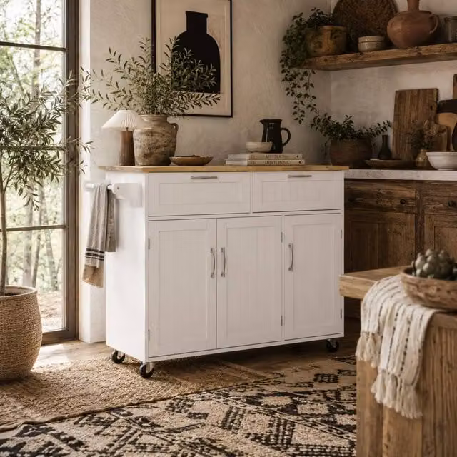 Wyld Haus Nave White Wooden Kitchen Island with 2 Drawers and 2 Cabinets and Rubberwood Top