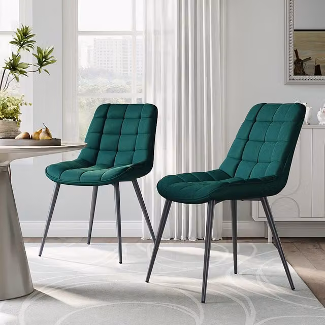 Set of 2 Komore Modern Green Velvet Upholstered Dining Chairs with Metal Legs