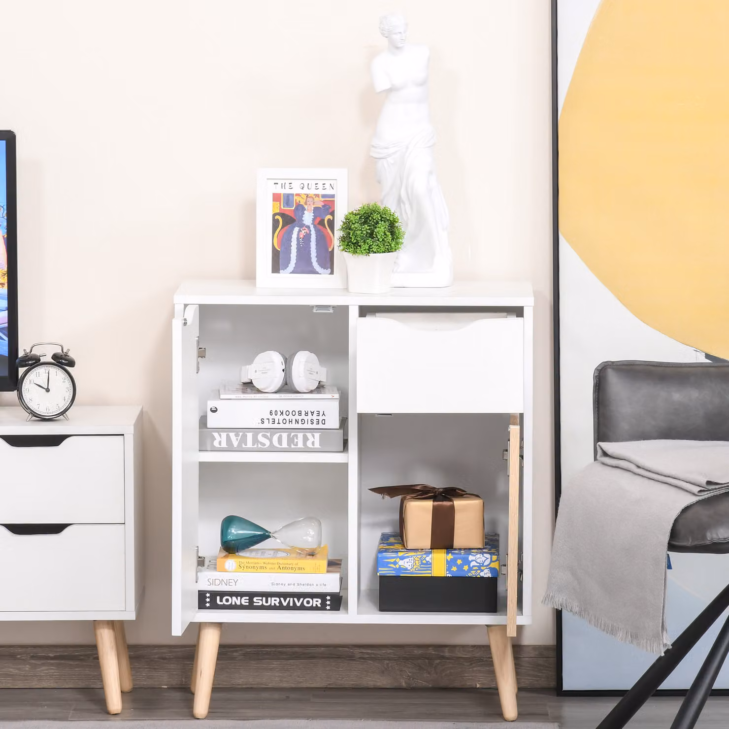 HOMCOM Natural Floor Cabinet Storage Cupboard Sideboard with Drawer for Bedroom and Living Room – 3