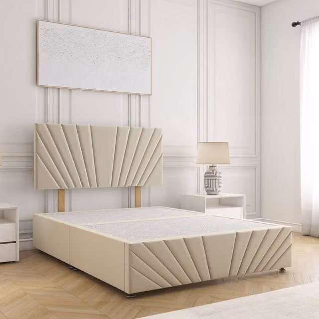 BSSPOKE Rose Plush Velvet Divan Bed Set with 24 inch Headboard in Beige, Single, W/D/H: 90 x 190 cm