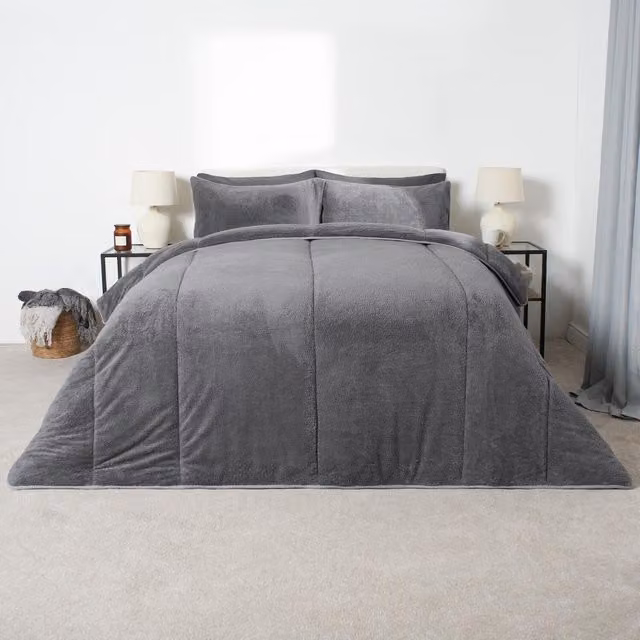 OHS 10.5 Tog Teddy Duvet and Pillowcase Set with Hollow Fibre Filling, Grey, King Size