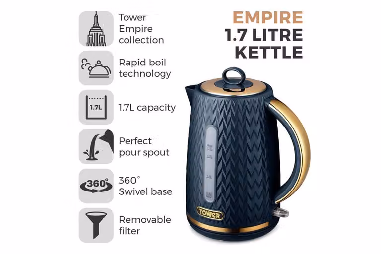 Tower Empire 1.7L 3KW Kettle and 4 Slice Toaster Bundle in Mid Blue