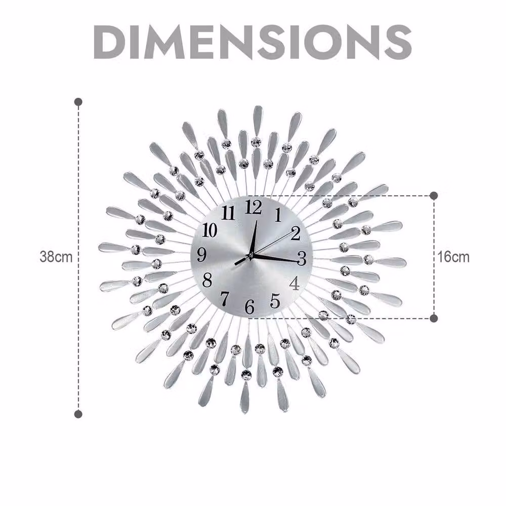EONLION Silver Diamante Beaded Round Quartz Wall Clock, Diameter: 38 cm – 2