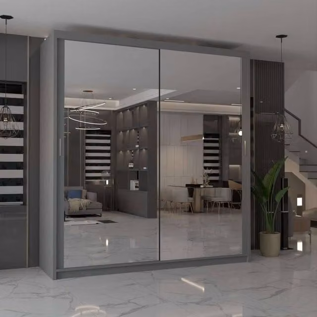 MN Furniture Cuba Sliding Mirror Wardrobe with Integrated LED Lighting in Grey, W/H: 203 x 217 cm – 1