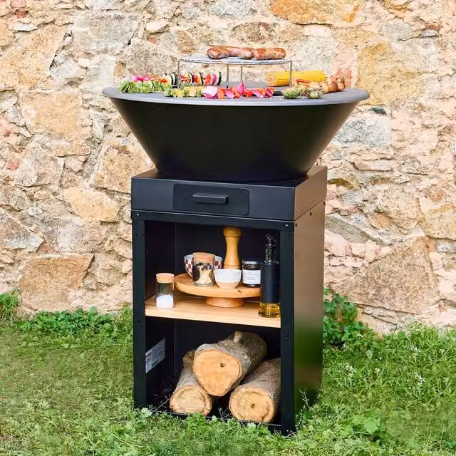 sweeek Black Steel and Cast Iron Fire Bowl Brazer Barbecue with Cooking Grid and Wood Storage, Diameter: 81.5 cm