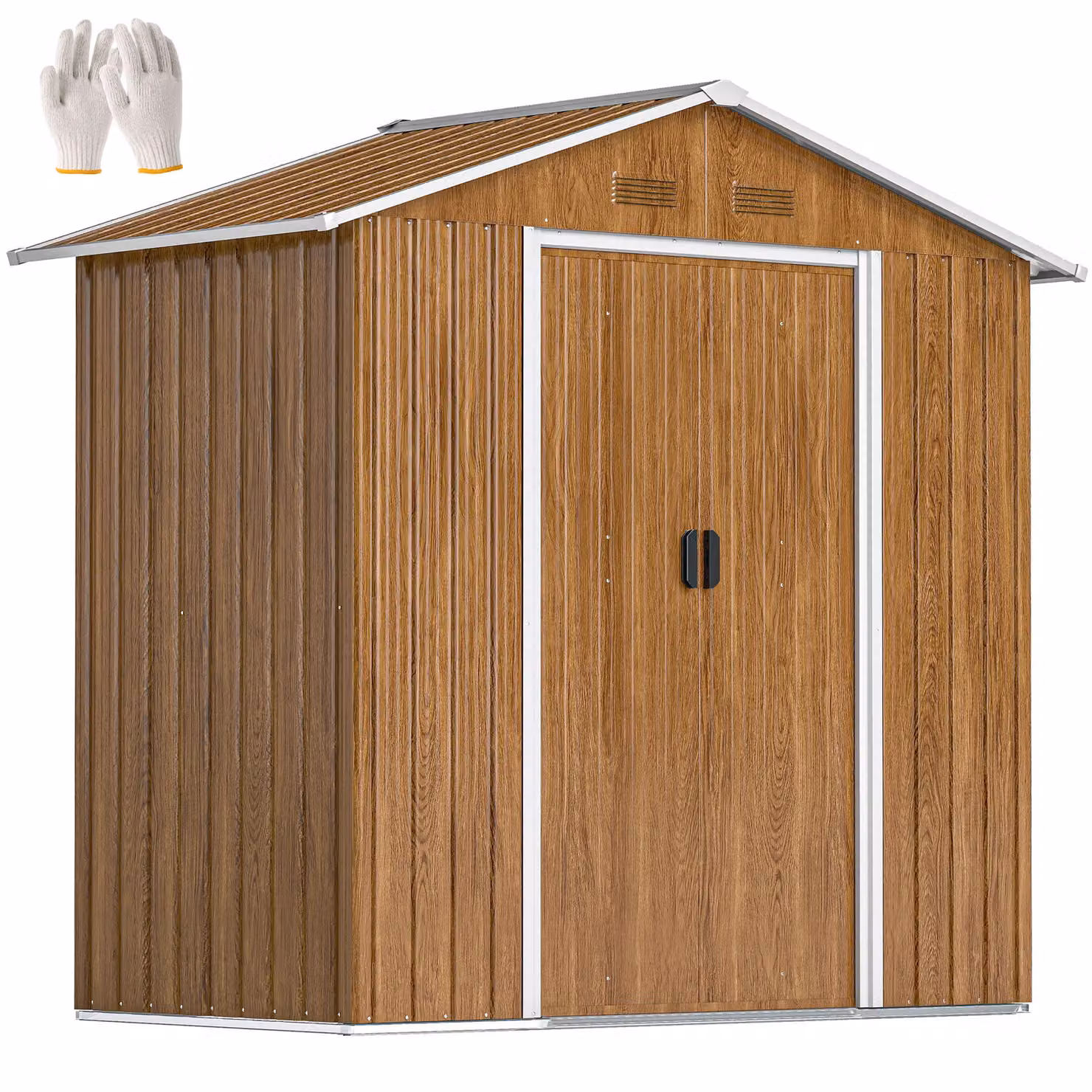 OUTSUNNY Brown Wood Effect Metal Garden Shed with Sliding Doors and Side Vent, W: 195.1 cm, D: 106.7 cm, H: 154.0 cm – 2