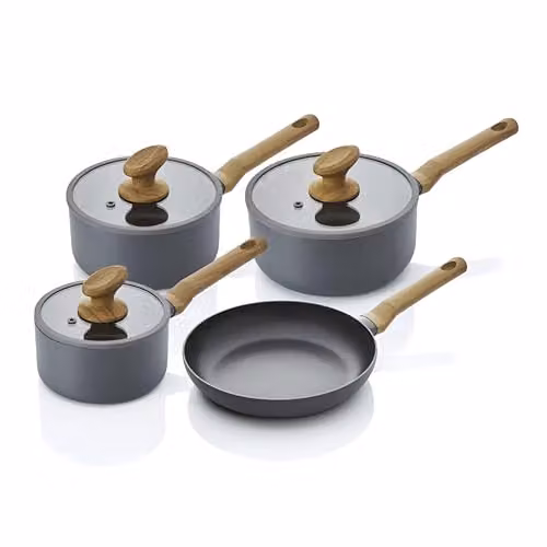 Swan Nordic 4-Piece Ceramic Pan Set in Grey with Aluminium and Glass Lids – 1
