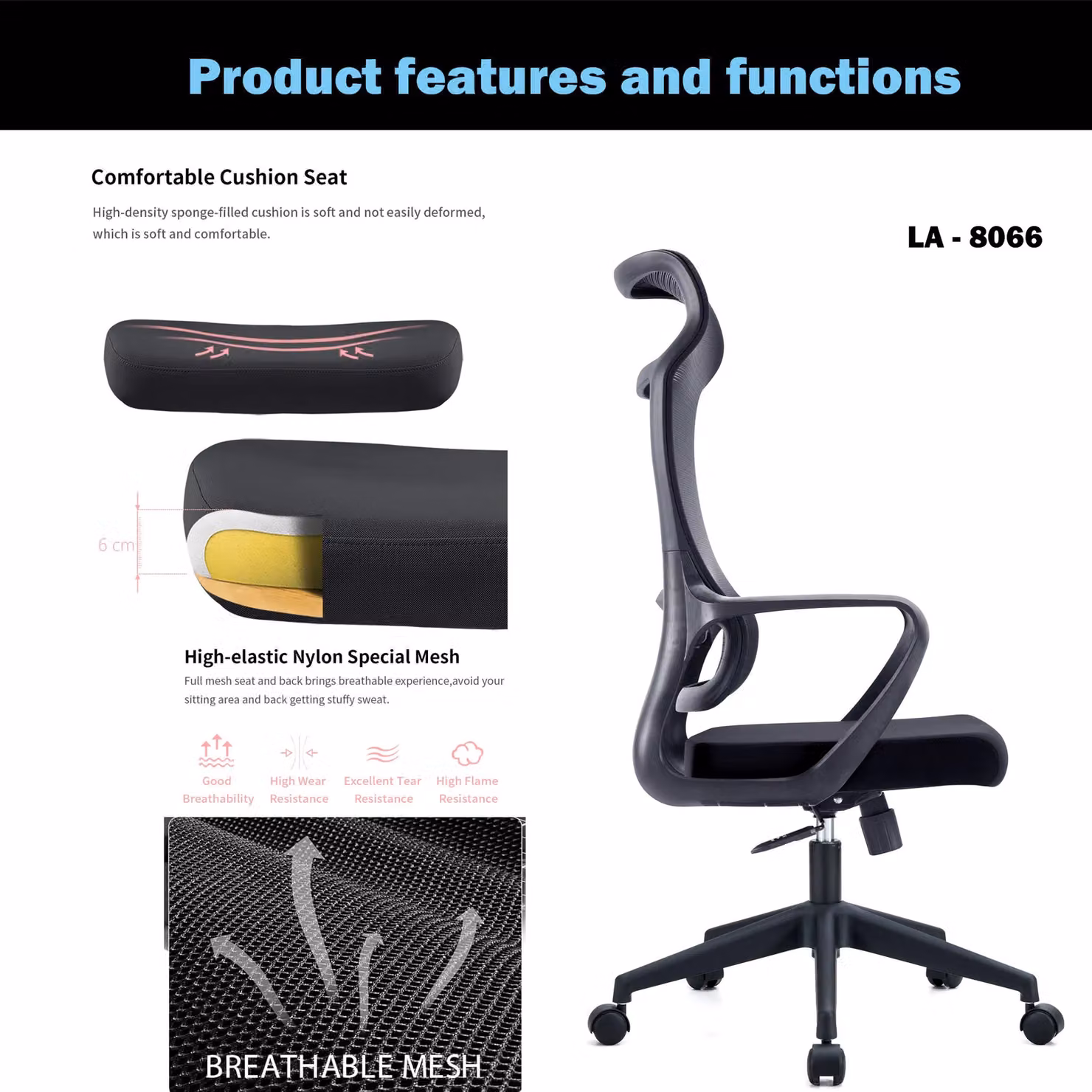 JFY Ergonomic Black Fabric Office Chair with Height Adjustable Headrest and Armrests – 4