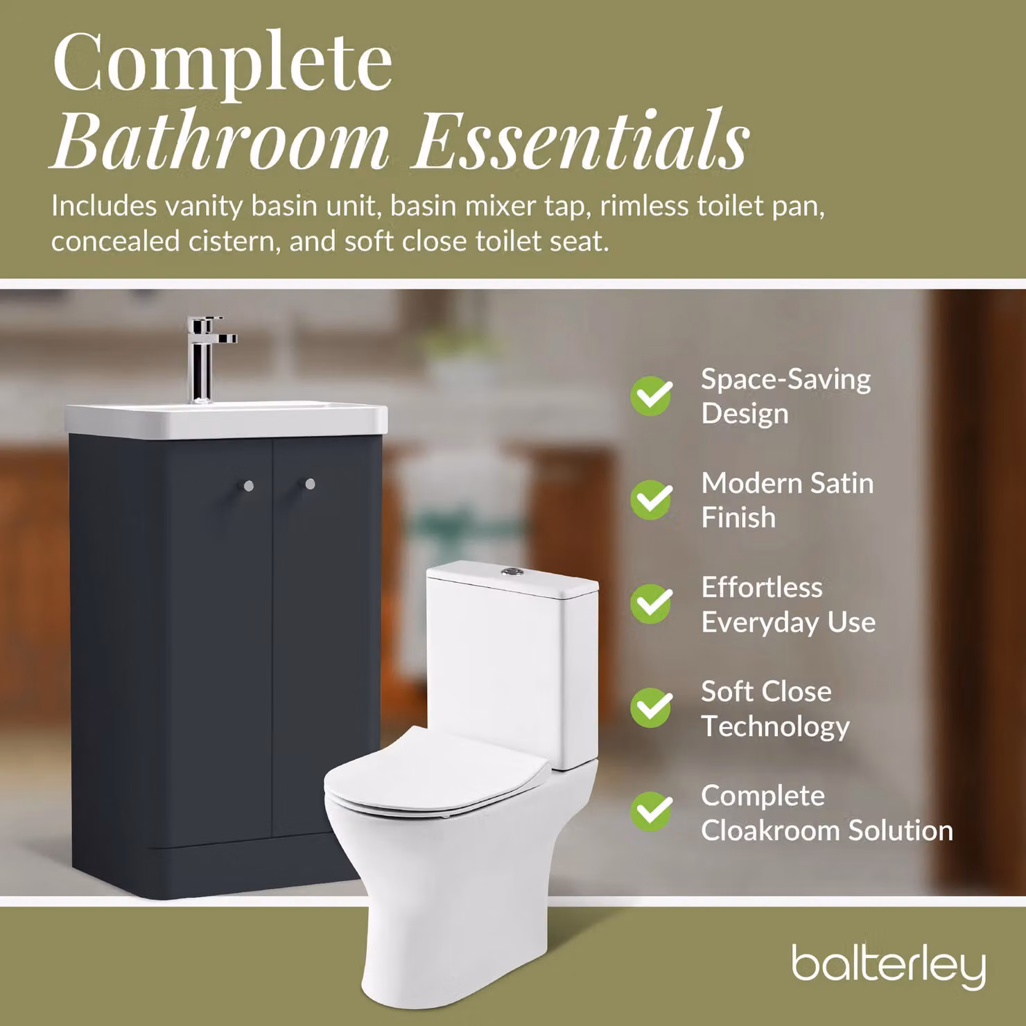 Balterley Dark Grey 2 Door Freestanding Bathroom Vanity Unit with Tap and Toilet Pack – 5