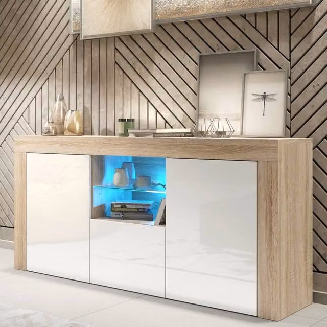 Mex Furniture LTD Aurora Sideboard in Oak and White Gloss with Integrated LED Lighting, W: 145 cm, H: 70 cm, D: 35 cm – 1