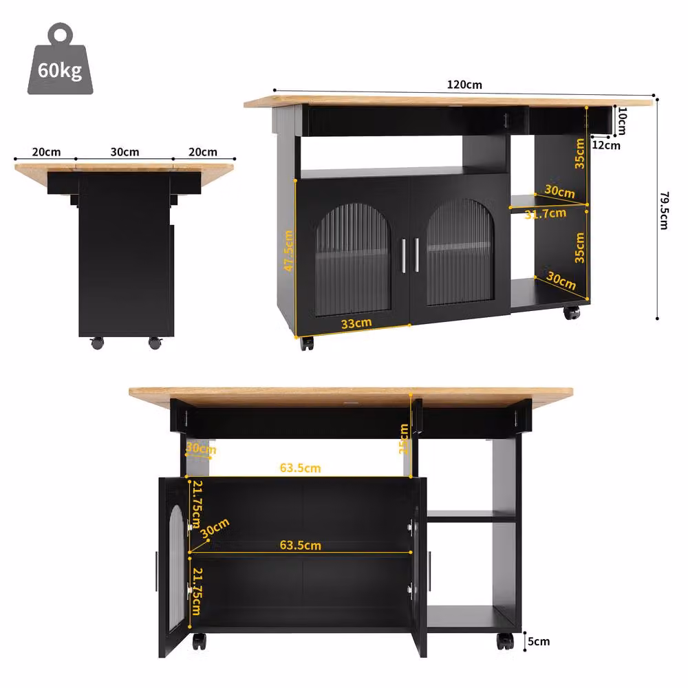 Rolipo Black Kitchen Island Cart with Foldable Dining Table and Glass Doors – 4