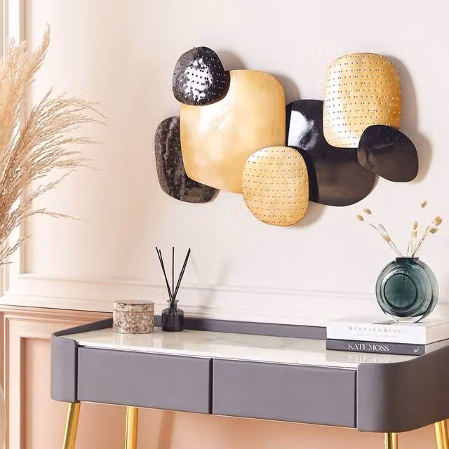 Wyld and Coco Geometric Abstract Metal and Glass Wall Sculpture in Black and Gold, W: 81 cm, H: 49 cm