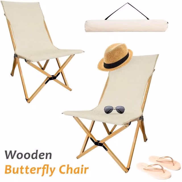 Pawnora Wooden Butterfly Chair in Beige with Beech Wood and Metal Frame