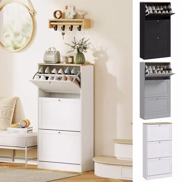 Kelvenix White Shoe Storage Cabinet with 3 Tilting Compartments and Internal Shelves