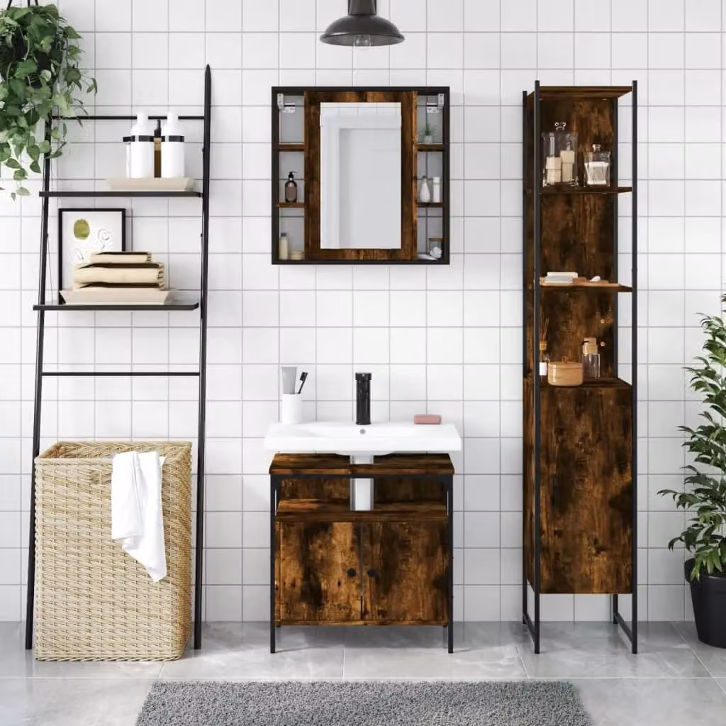 Berkfield Home 3 Piece Brown Smoked Oak Bathroom Cabinet Set with Mirror Cabinet – 3