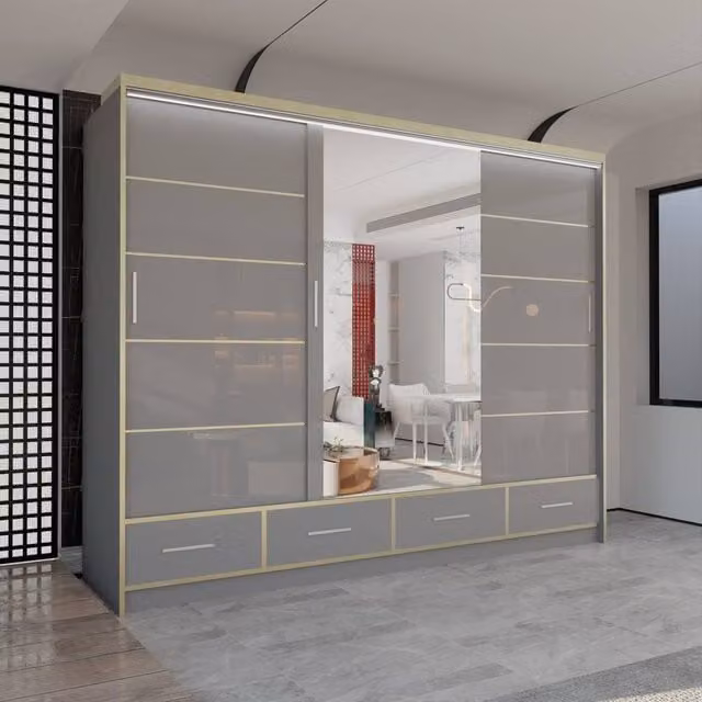 Sliding Wardrobes 4U Modern High Gloss Wardrobe with LED Light and Mirror Doors, Grey, W/D/H: 253 x 220 cm