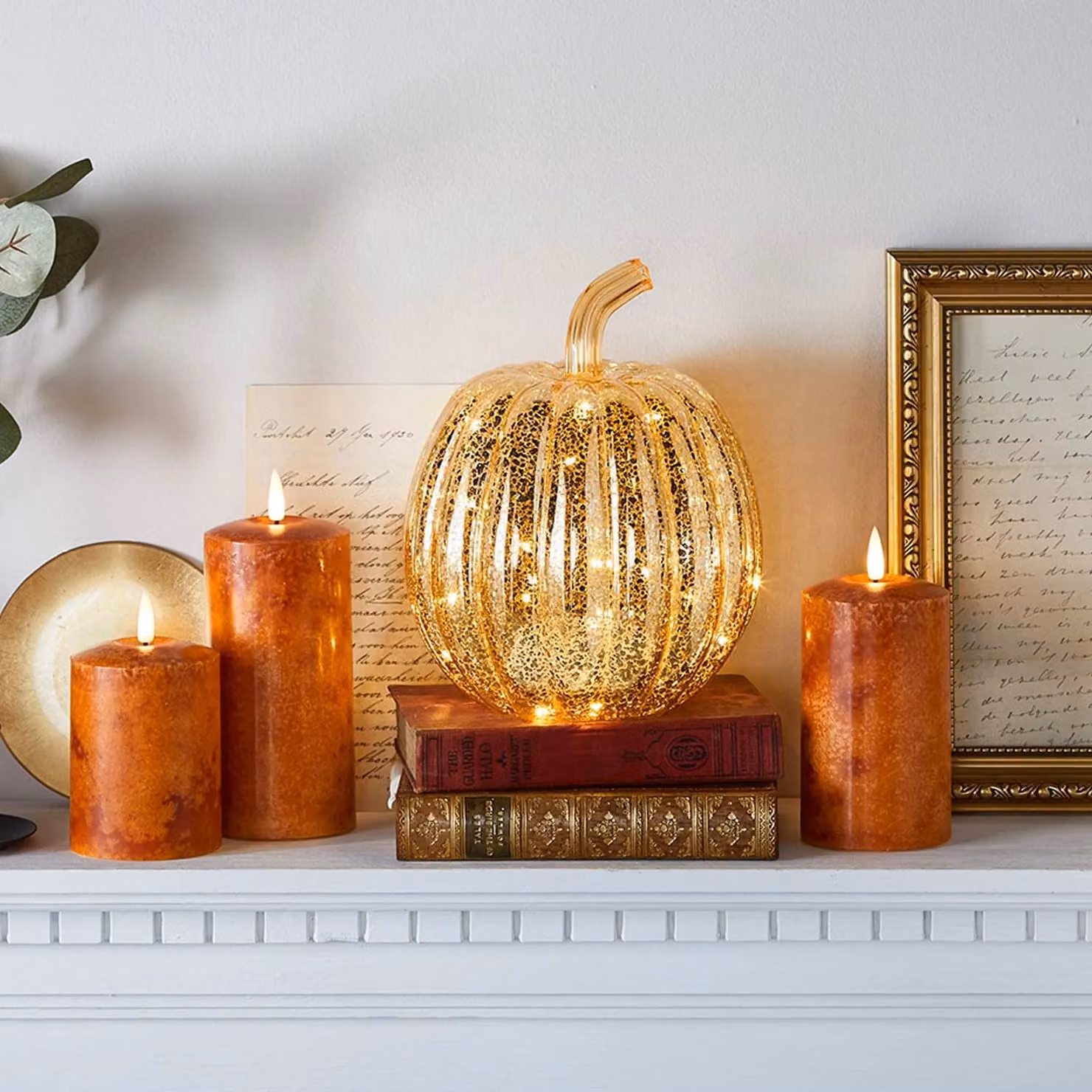 Lights4fun Autumn Candle and Light Up Pumpkin Bundle in Orange, Gold and White