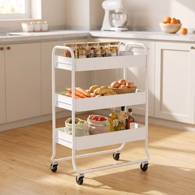 STILVORA Metal Storage Trolley with 3 Baskets on Wheels in White