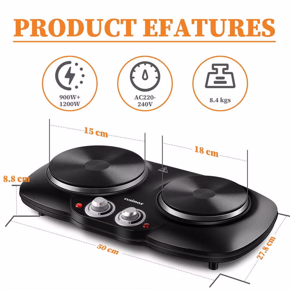 Cusimax Black Portable Double Hot Plate with 2500W Cast Iron Burners, W: 55 cm – 3