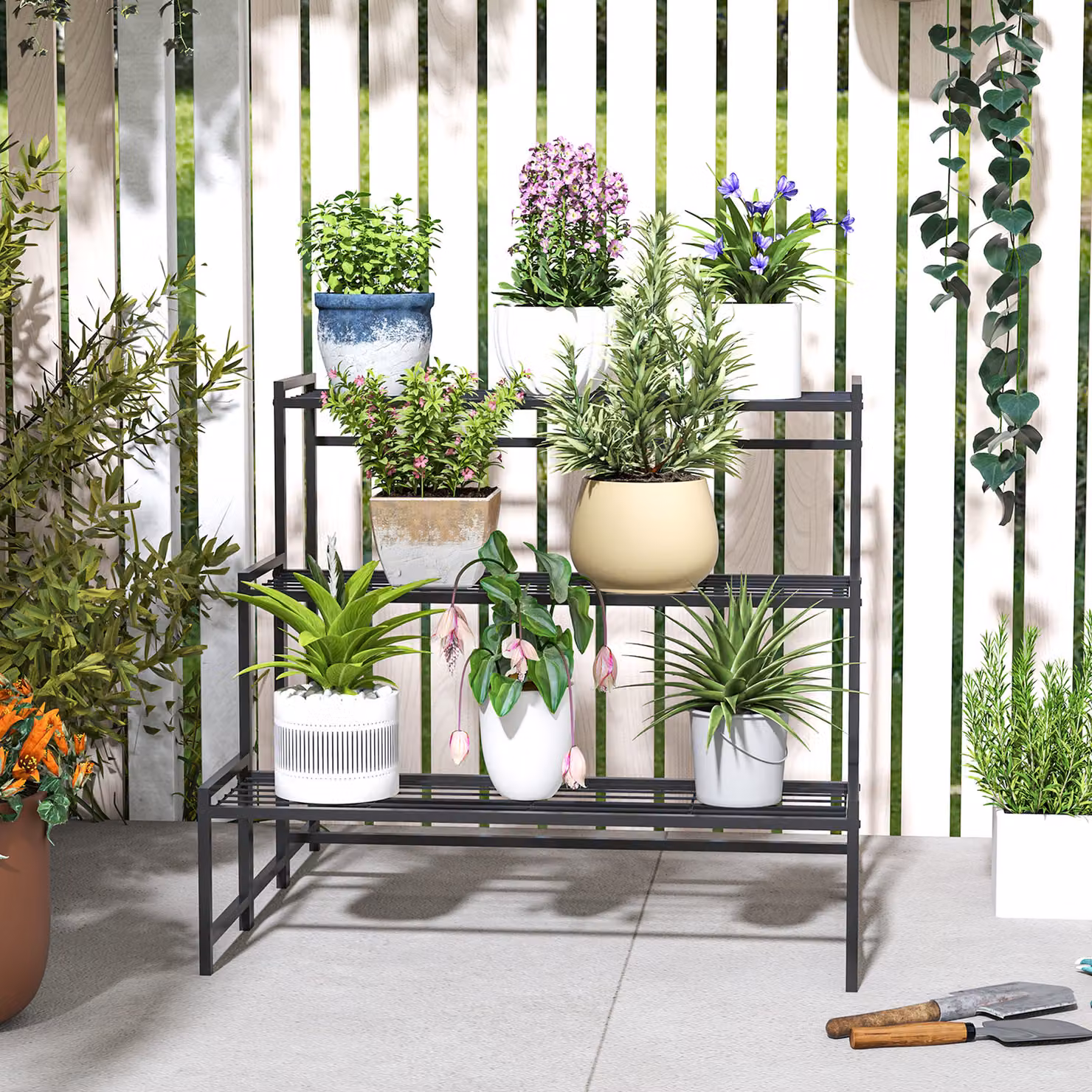 Outsunny 3-Tier Modern Metal Ladder Plant Stand, Black Flower Pot Holder for Indoor and Outdoor Use – 6