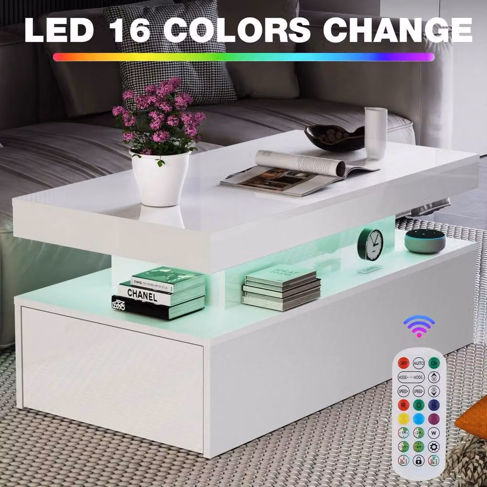 EONLION Modern LED Coffee Table with 2 Drawers in White, Width: 100 cm – 3