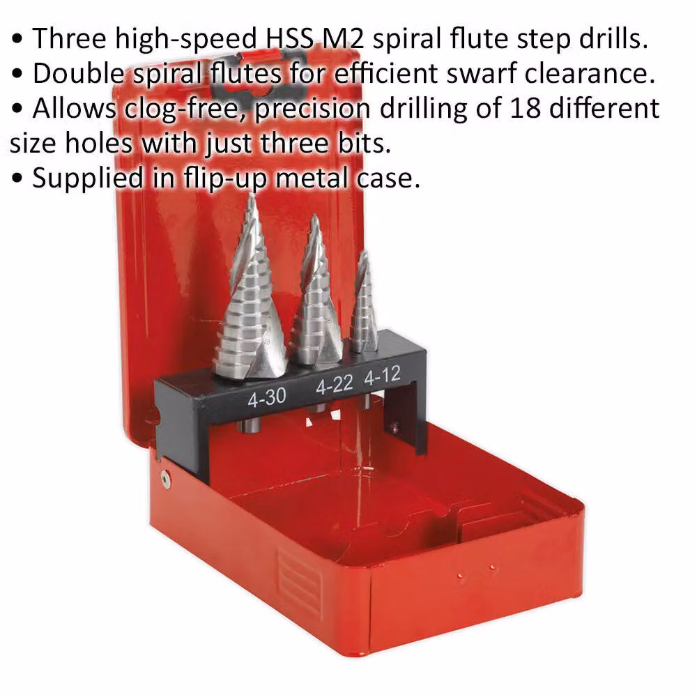 Loops 3 Piece HSS M2 Spiral Flute Step Drill Bit Set in Silver and Multicolour – 2