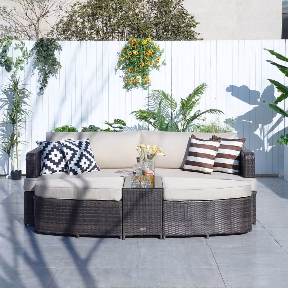 Direct Wicker Brown L-Shape Outdoor Garden Furniture Set with 2-Seater Sofa, Ottoman, Coffee Table and Upholstered Cushions – 5