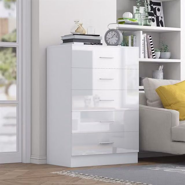 REFLECT Tall 5 Drawer Chest in White High Gloss and Matt Finish