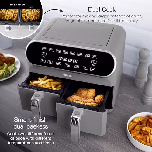 Swan SD10519GR Retro Dual Basket Air Fryer with Cyclone Technology, 8L, 1700W, Grey – 4