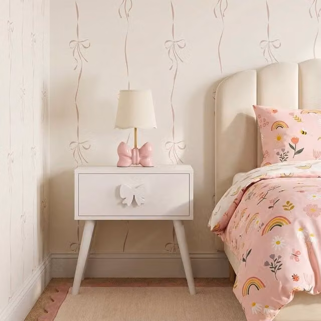 OHS Kids Bow Bedside Table 1 Drawer Nightstand Storage Unit in Cream