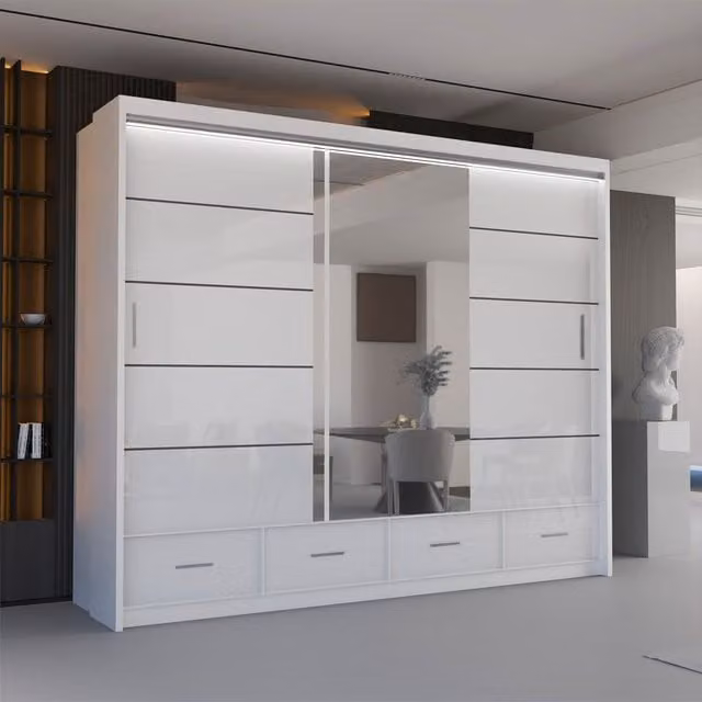 Sliding Wardrobes 4U Luxury High Gloss White Sliding Wardrobe with Integrated LED Lighting W: 255 cm, H: 220 cm – 1