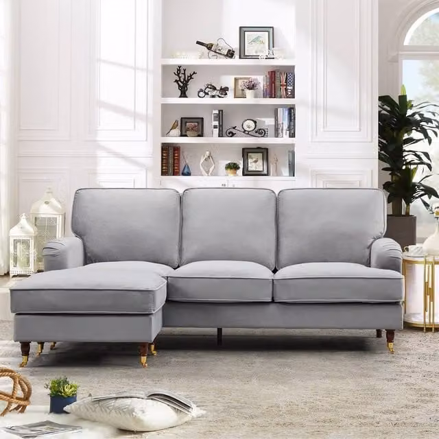 Artemis Home Woodbury Reversible L-Shape Corner Sofa in Grey Velvet Fabric with Matching Ottoman