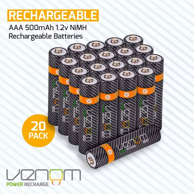 Venom 500mAh Rechargeable AAA Batteries, 20-Pack, Black and Pink