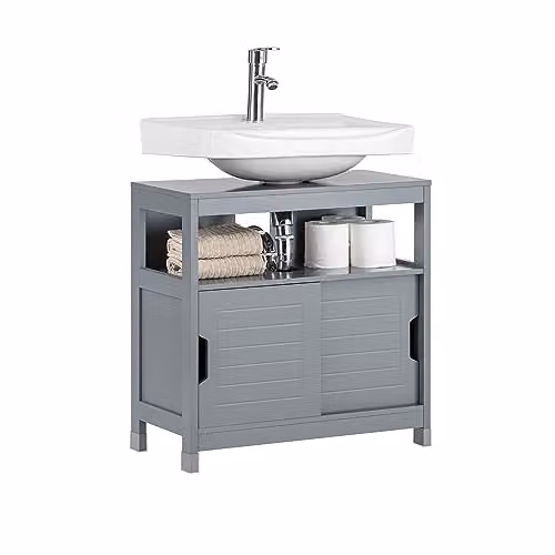 SoBuy Under-sink Bathroom Storage Cabinet with Double Sliding Doors, Grey, W: 60 cm, D: 30 cm, H: 61 cm – 2