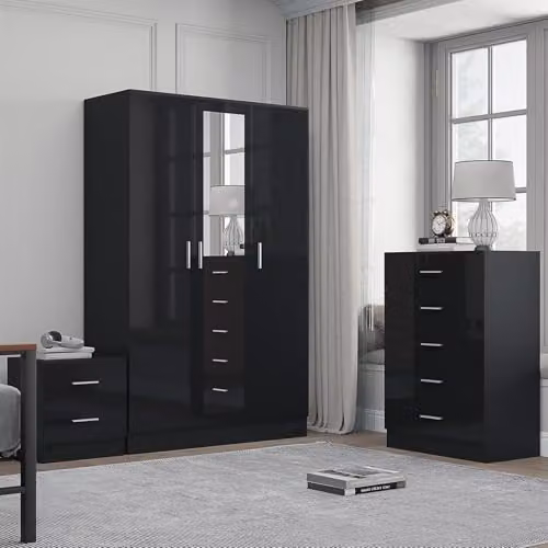 Reflect Modern Bedroom Furniture Set in Black Gloss and Black Oak Finish, including 3 Door Mirror Wardrobe, 5 Drawer Tallboy Chest and Bedside Table – 1