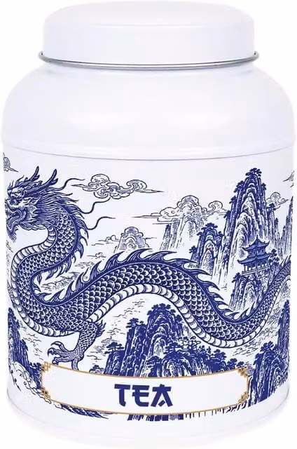 Purely Home Dragon Temple Coffee Canister with Domed Lid, Blue and White Metal Kitchen Storage Tin