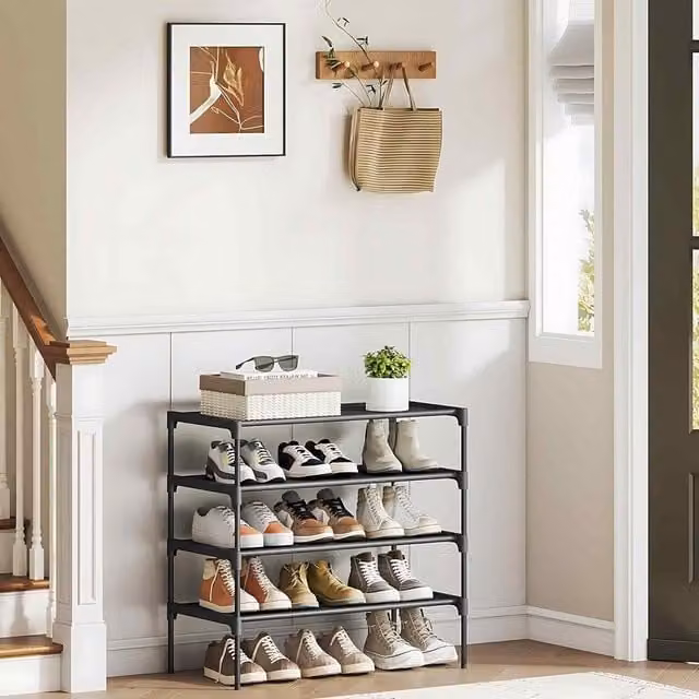 The Bazaarist 4 Tier Shoe Rack with Metal Frame and Fabric Shelves, Black