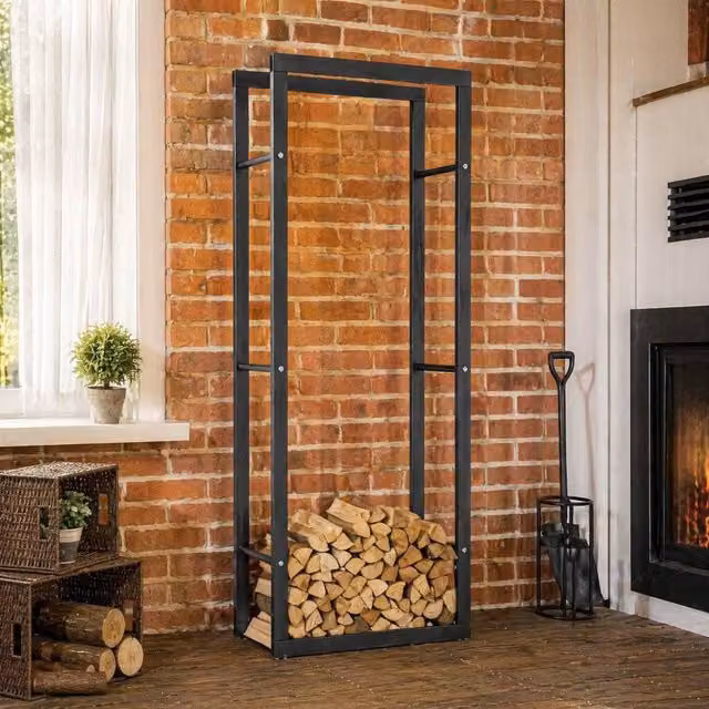 STILVORA Modern Metal Firewood Rack in Matt Black, Width: 150 cm
