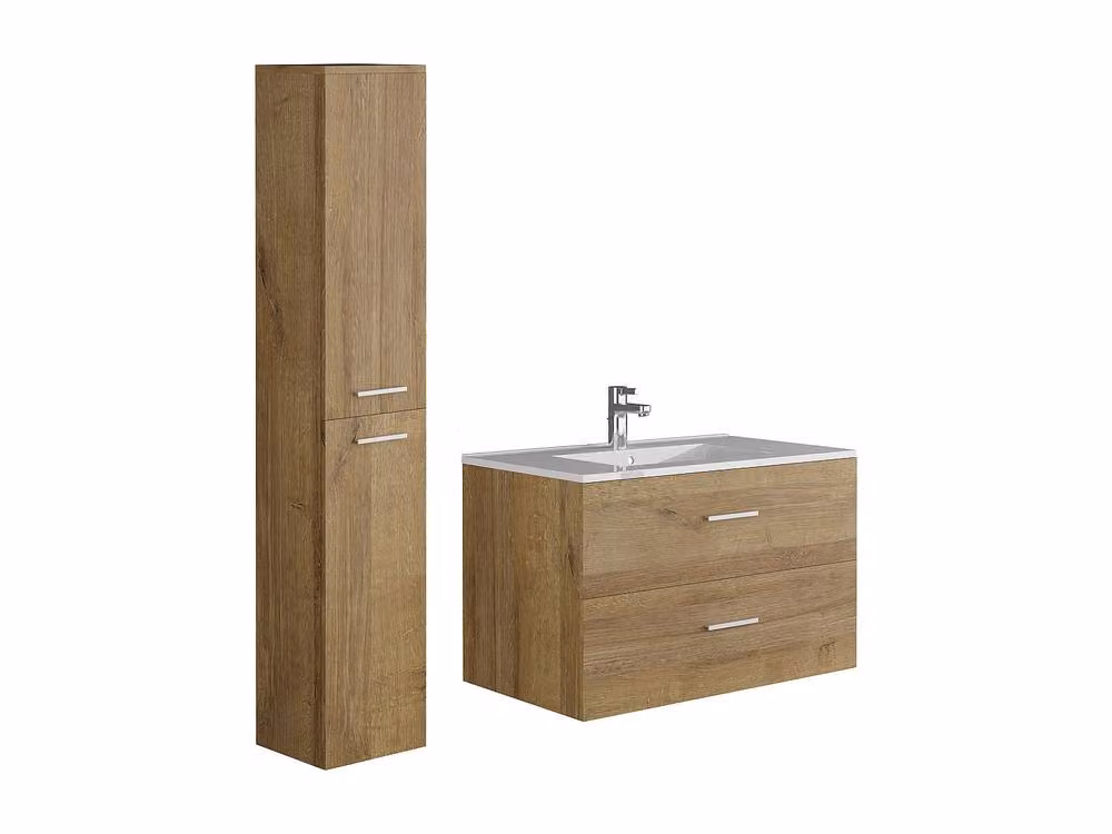 Vente-unique Modern Wall-Mounted Bathroom Unit with Vanity, Tall Cabinet and Storage Column in Light Oak Finish – 2