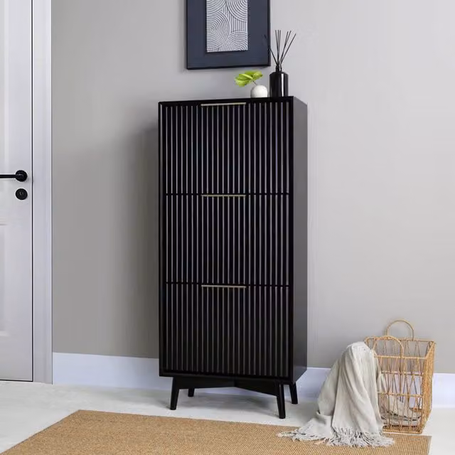 Home Garden Direct Monza Mid-Century Shoe Storage Cabinet with Fluted Doors in Black – 1