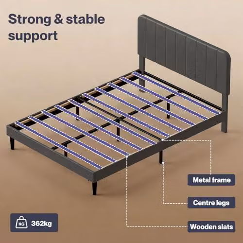 Levede Double Bed Frame with Adjustable Upholstered Velvet Headboard in Grey, W/D/H: 135 x 190 x 140 cm – 9