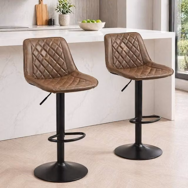 STILVORA Set of 2 Modern Adjustable Height Swivel Bar Stools in Brown Synthetic Leather
