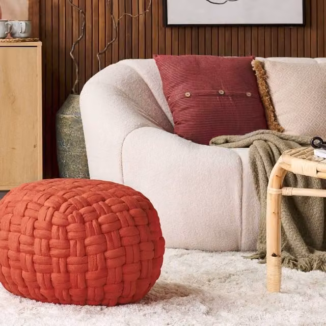 Wyld and Coco Red Velvet Basketweave Pouffe, W: 45 cm, D: 35 cm – 1