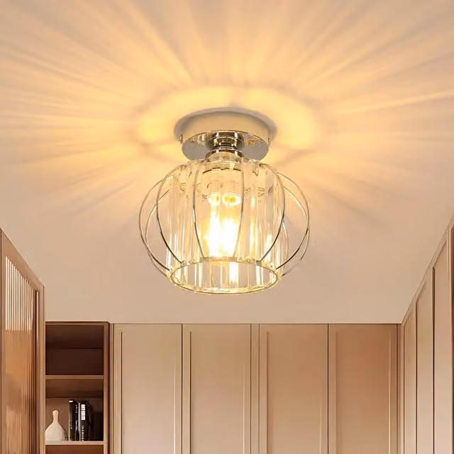 Goeco Modern Crystal Semi-Flush Ceiling Light in Silver with E27 Fitting