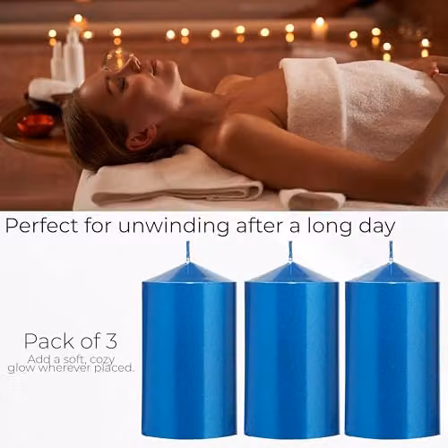 Deco Express Unscented Pillar Candle Set, Pack of 3, Metallic Blue – 5